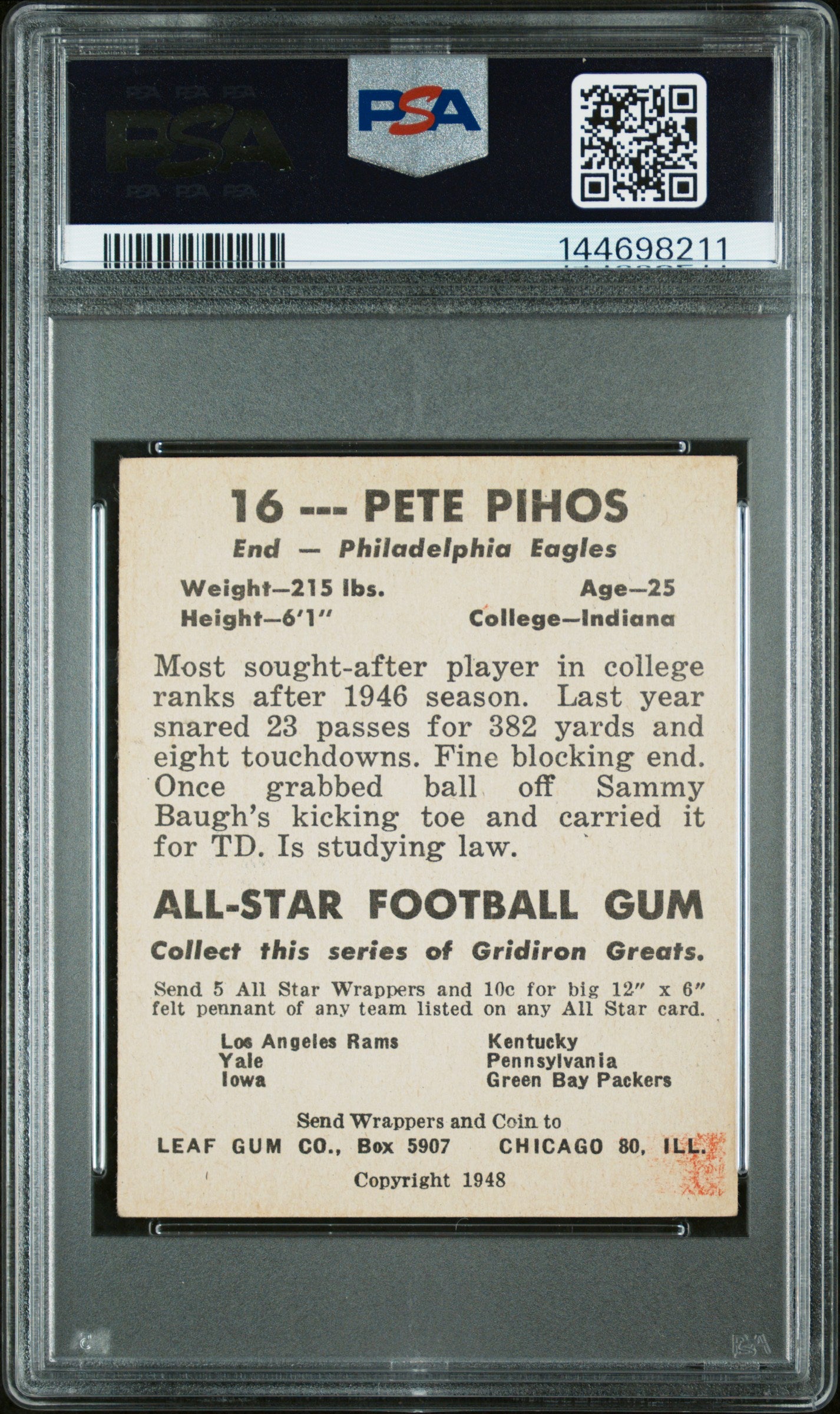1948 Leaf #16 Pete Pihos Rookie Blue Jersey Number Eagles PSA 5