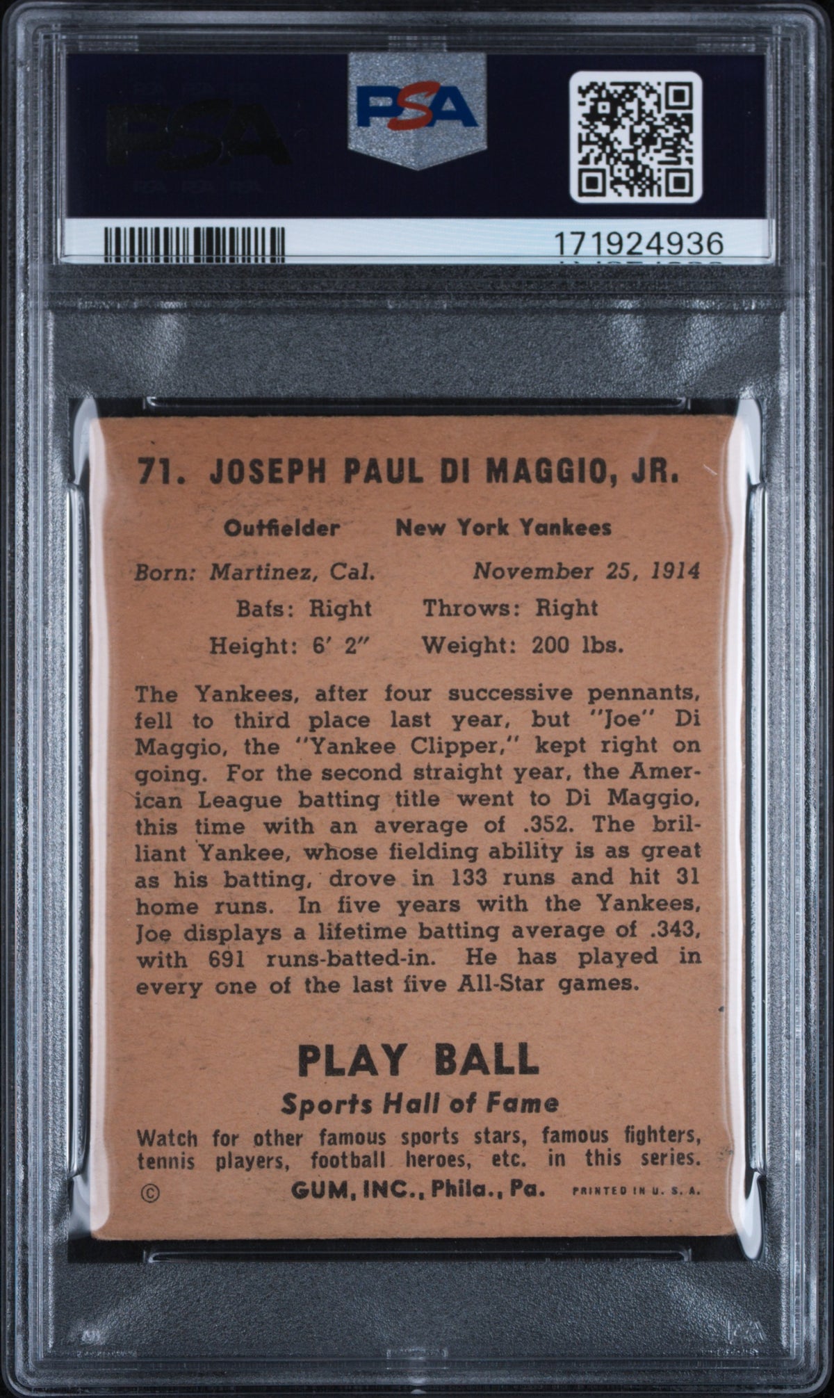 1941 Play Ball #71 Joe DiMaggio Yankees PSA 2.5 Well Centered