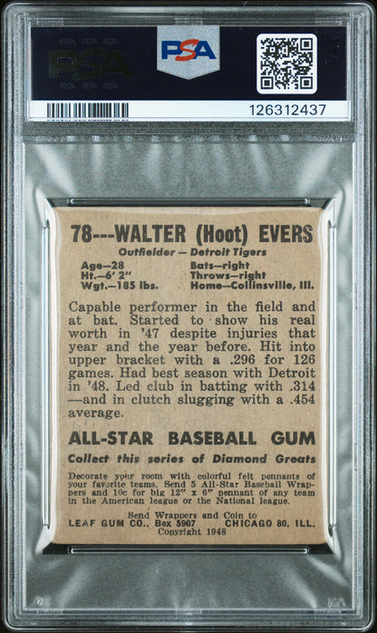 1948 Leaf #78 Walter Evers Short Print Tigers PSA 2
