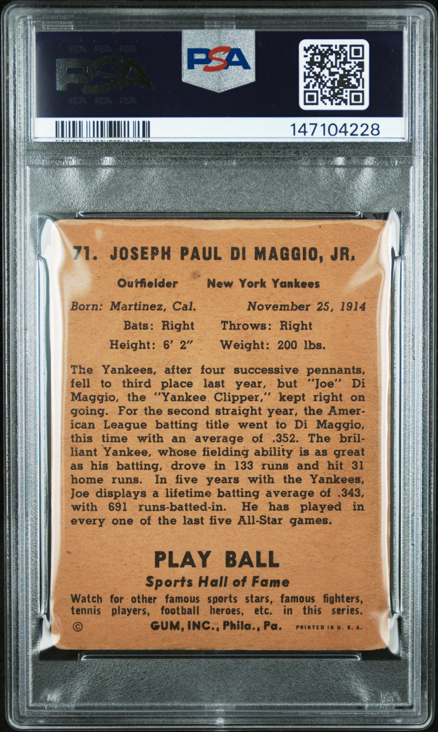 1941 Play Ball #71 Joe Dimaggio Yankees PSA 1.5
