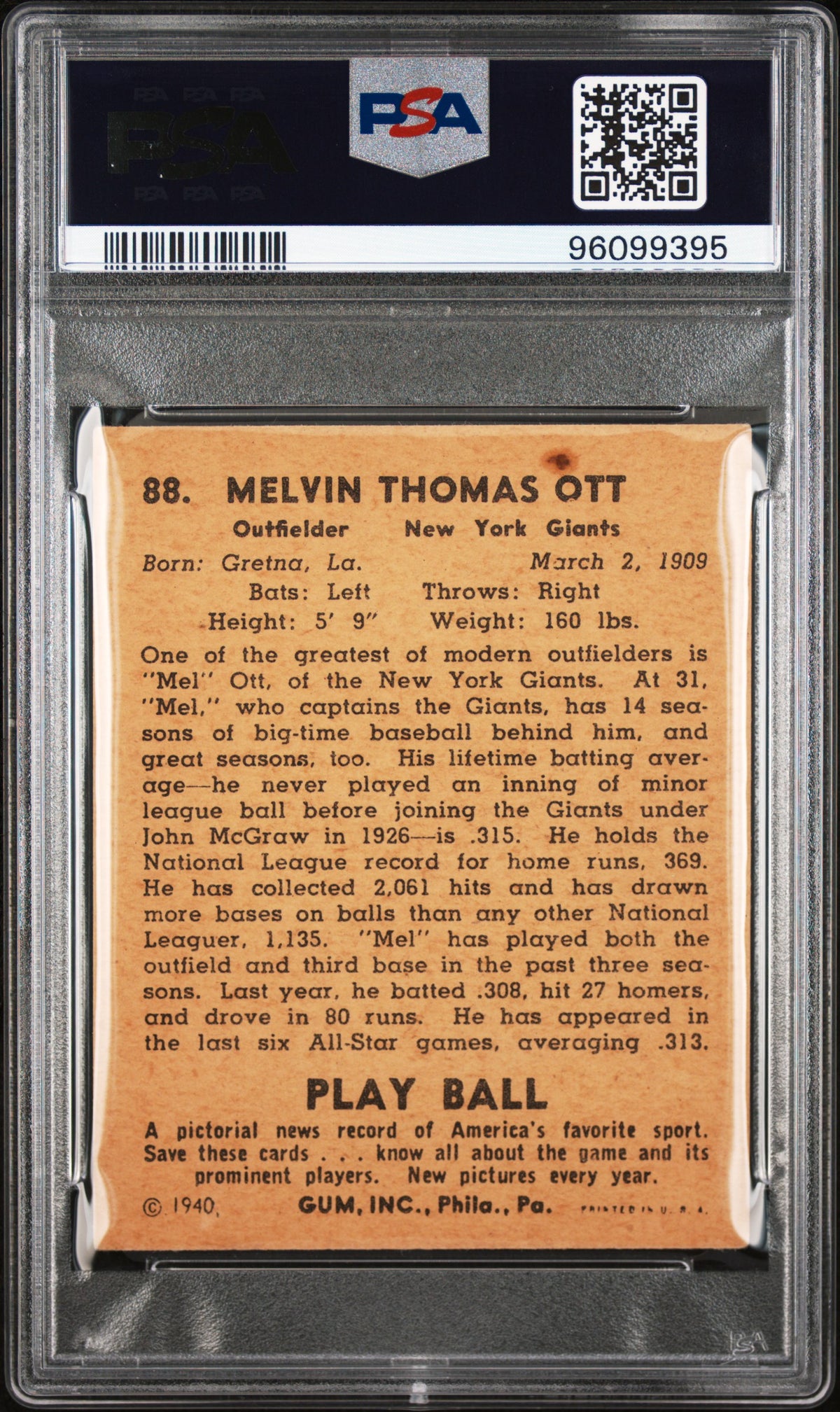 1940 Play Ball #88 Mel Ott Giants PSA 4