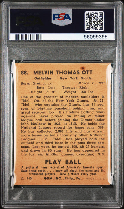 1940 Play Ball #88 Mel Ott Giants PSA 4