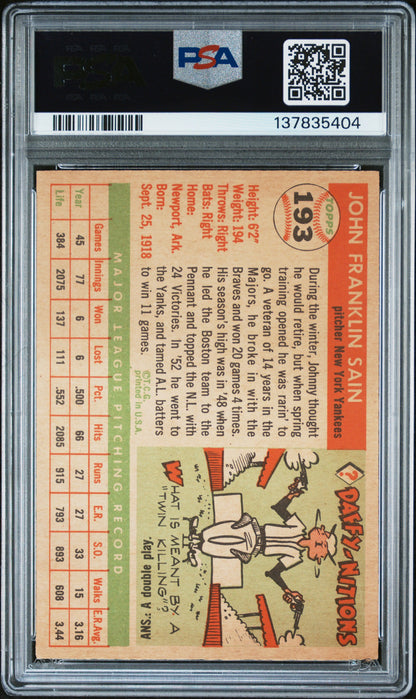 1955 Topps #193 Johnny Sain Yankees PSA 7