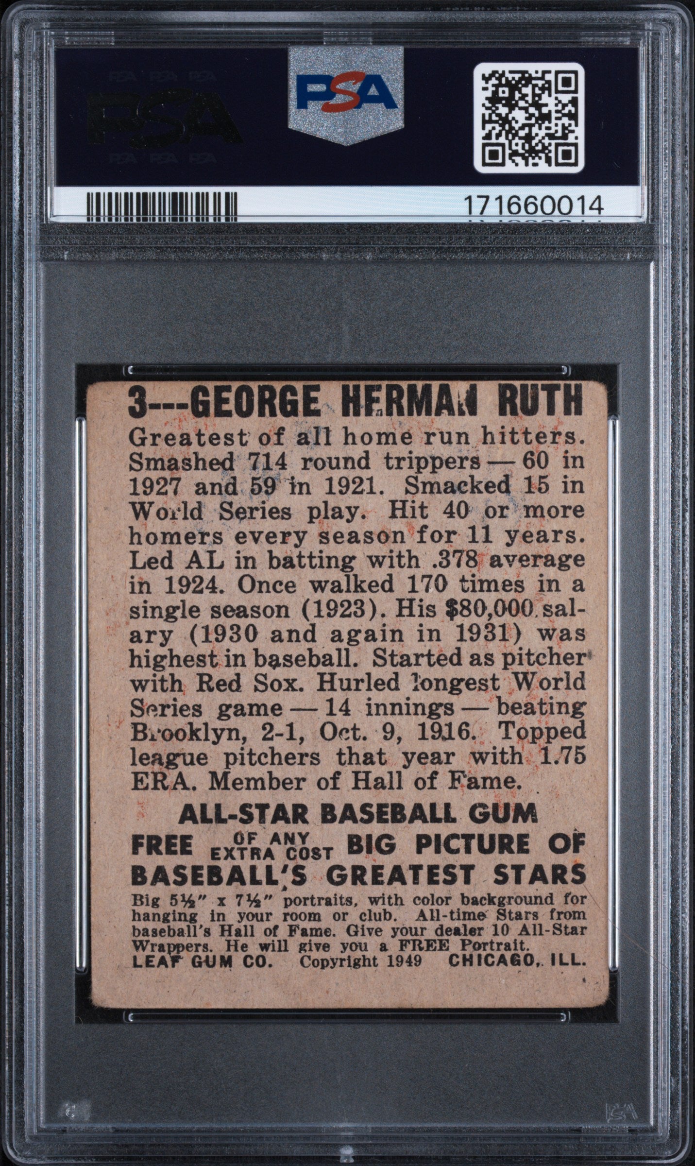 1948 Leaf #3 Babe Ruth Yankees PSA 1.5