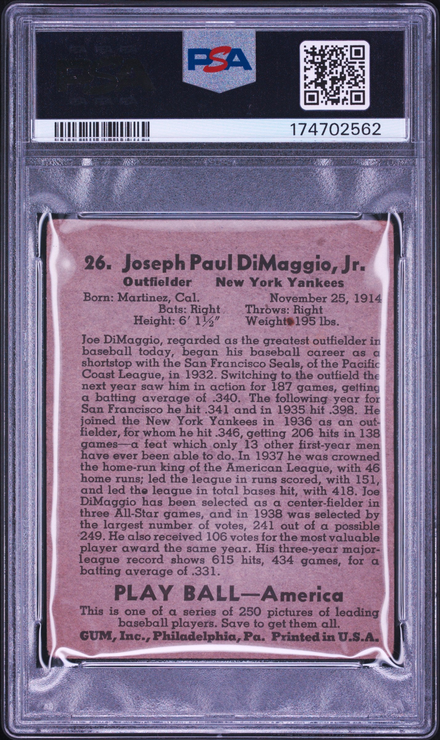 1939 Play Ball #26 Joe Dimaggio Yankees PSA 2