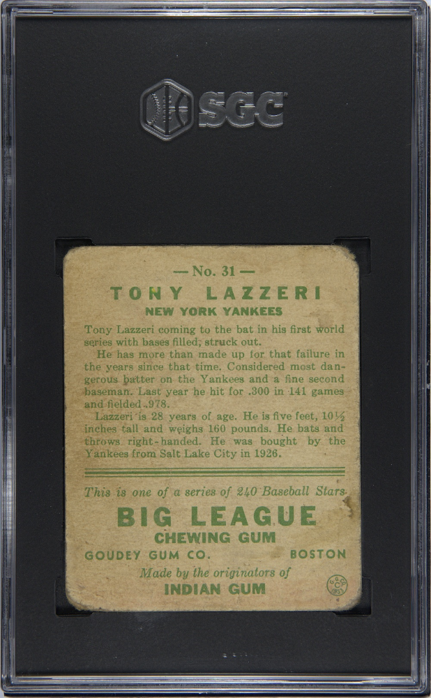 1933 Goudey #31 Tony Lazzeri Yankees SGC 1.5