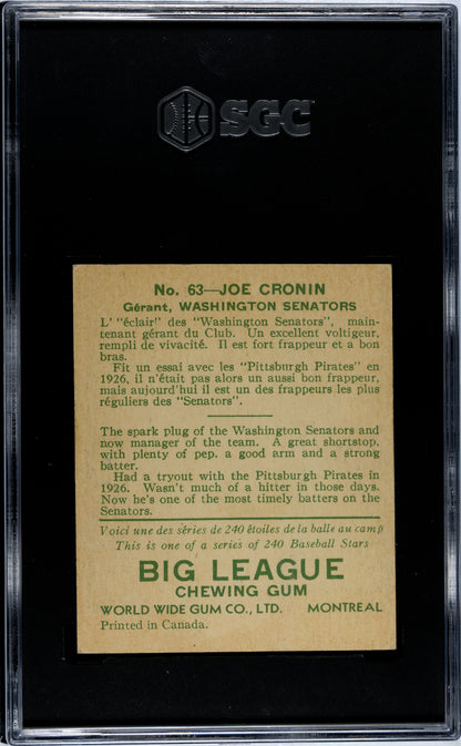 1933 World Wide Gum #63 Joe Cronin Senators SGC 3