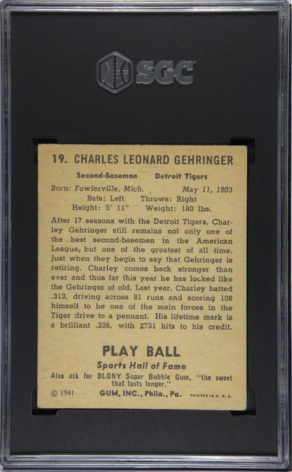 1941 Playball #19 Charles Gehringer Tigers SGC 5