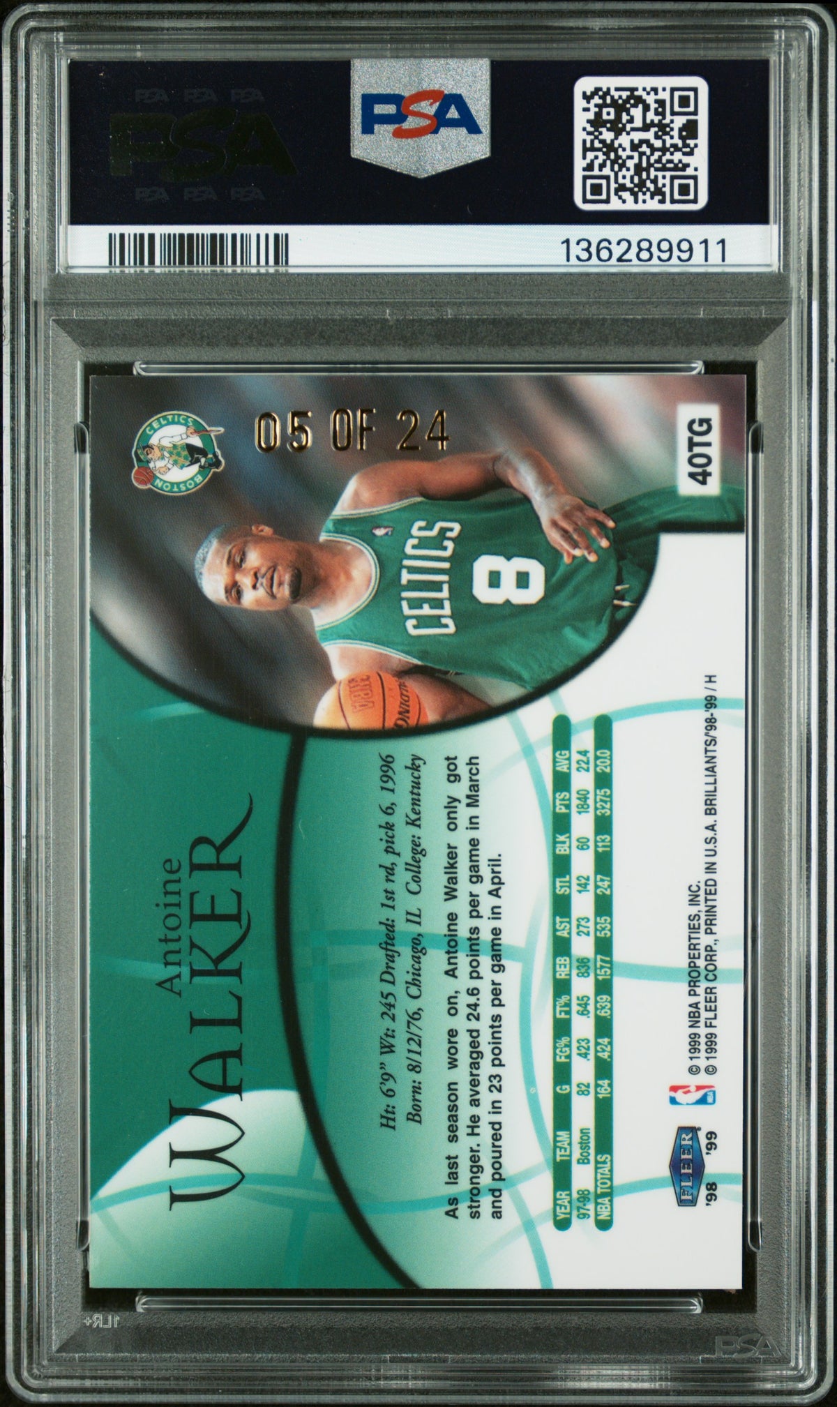 1998 Fleer Brilliants 24kt Gold #40TG Antoine Walker 05/24 Celtics PSA 9 pop 3