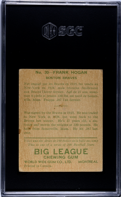 1933 Goudey World Wide Gum Co. #30 Frank Hogan Braves SGC 3