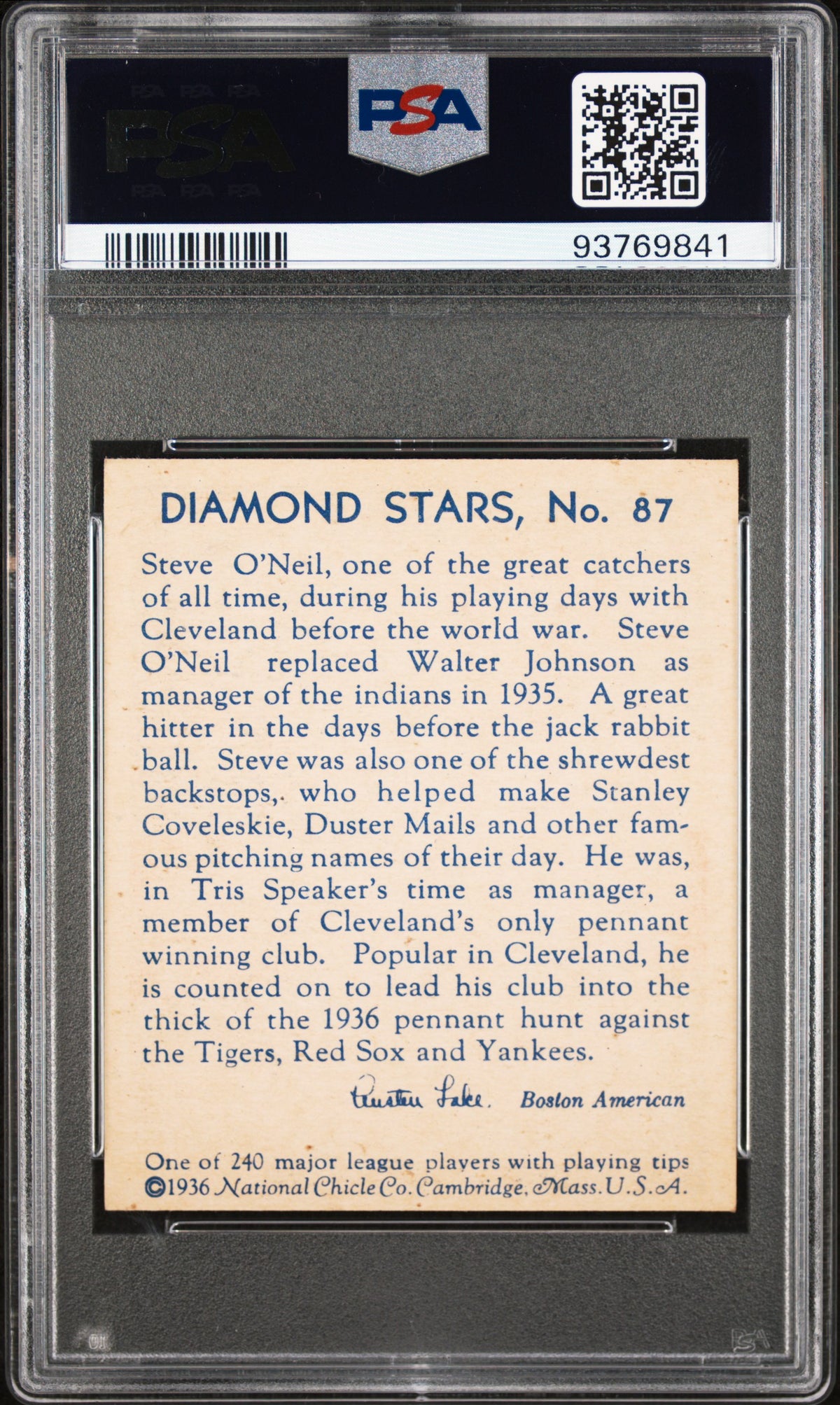 1936 Diamond Stars #87 Steve O'Neil Cleveland PSA 8