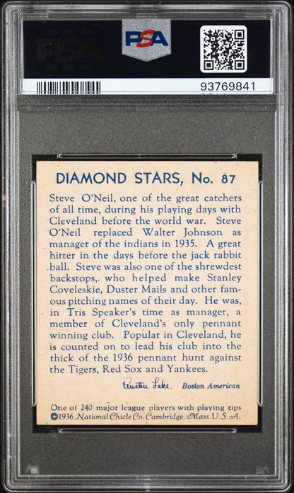 1936 Diamond Stars #87 Steve O'Neil Cleveland PSA 8