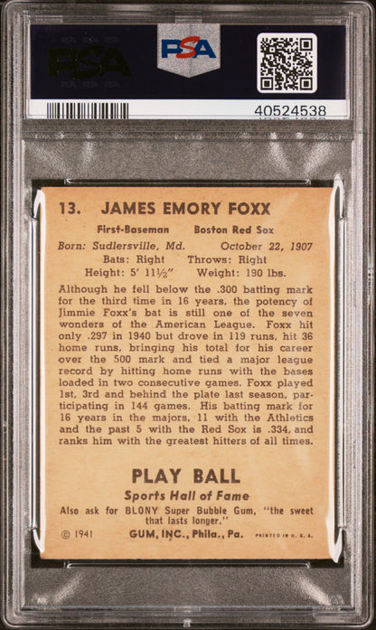 1941 Play Ball #13 Jimmie Foxx Red Sox PSA 4 Well Centered