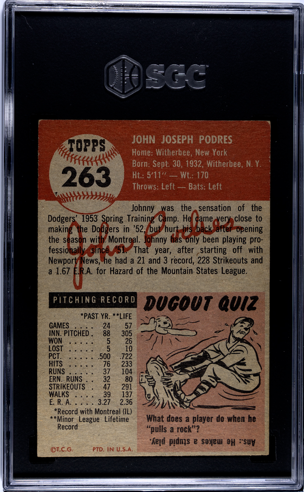 1953 Topps #263 John Podres Rookie Short Print Dodgers SGC 5
