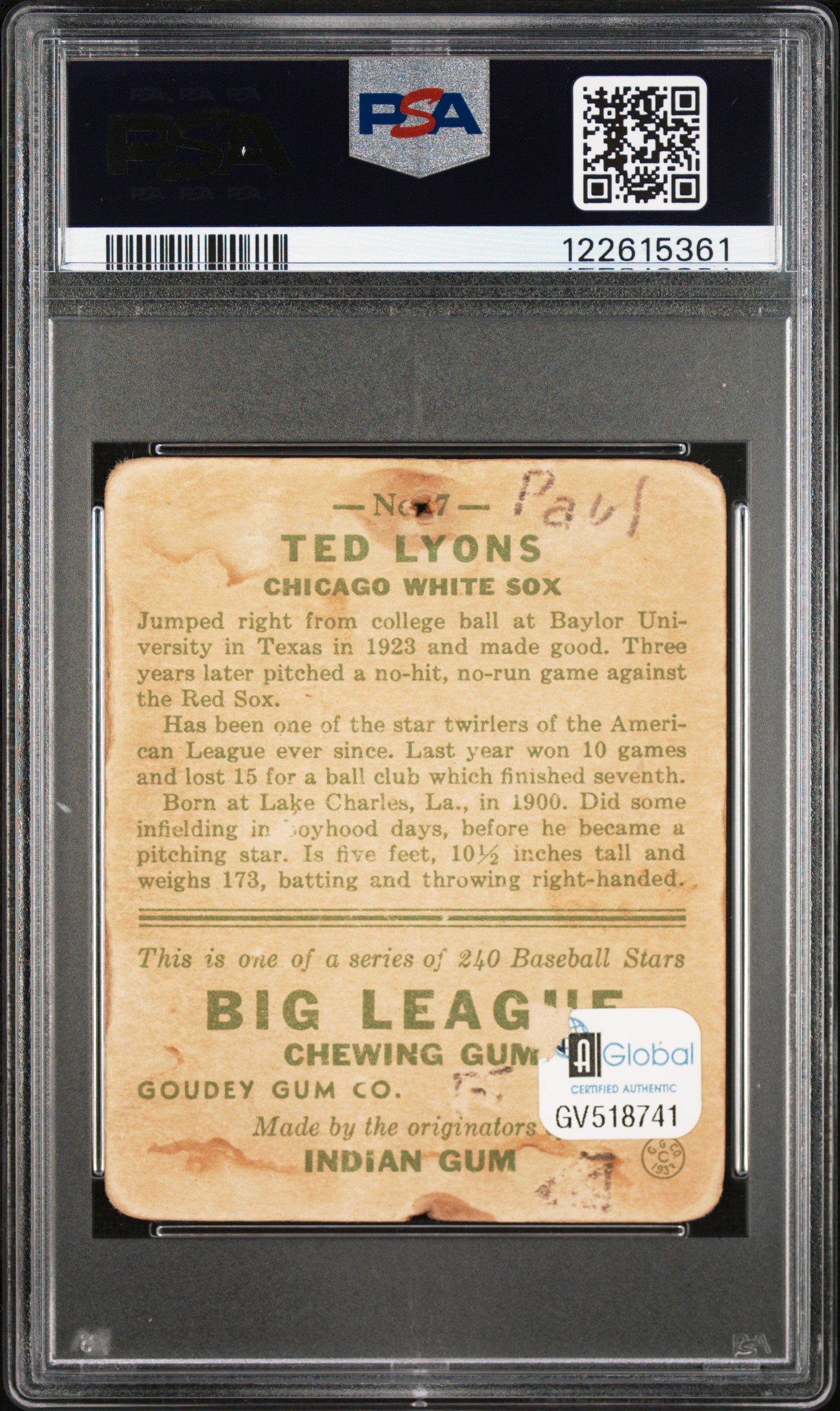 1933 Goudey #7 Ted Lyons Signed White Sox PSA Authentic Auto 10