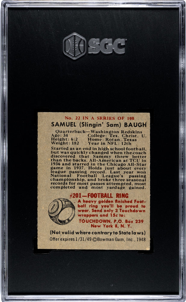 1948 Bowman #22 Sammy Baugh Rookie HOF Redskins SGC 3
