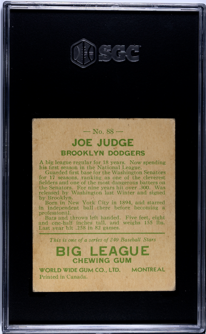 1933 Goudey World Wide Gum Co. #88 Joe Judge Dodgers SGC 3