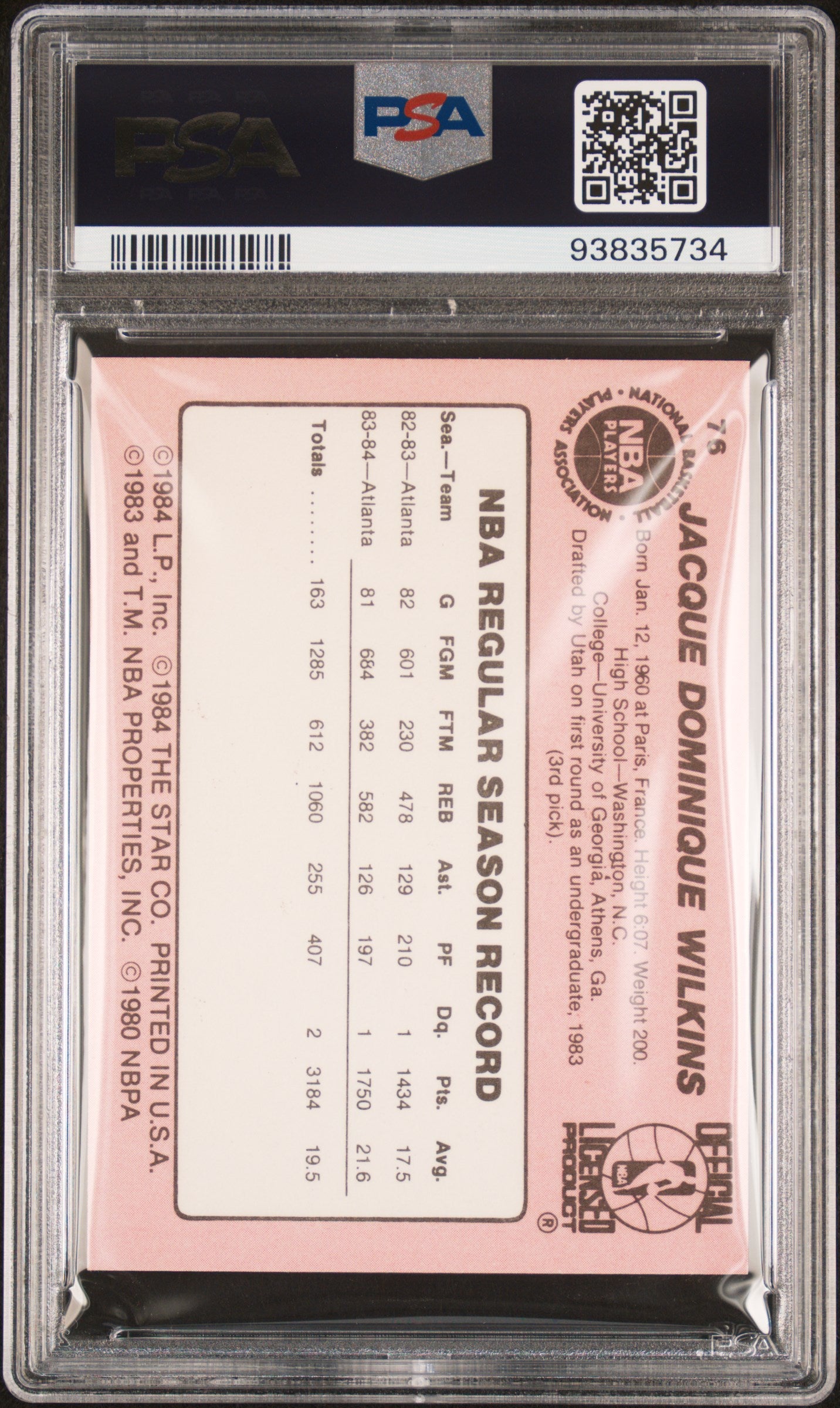 1984 Star #76 Dominique Wilkins 2nd Year Hawks PSA 8