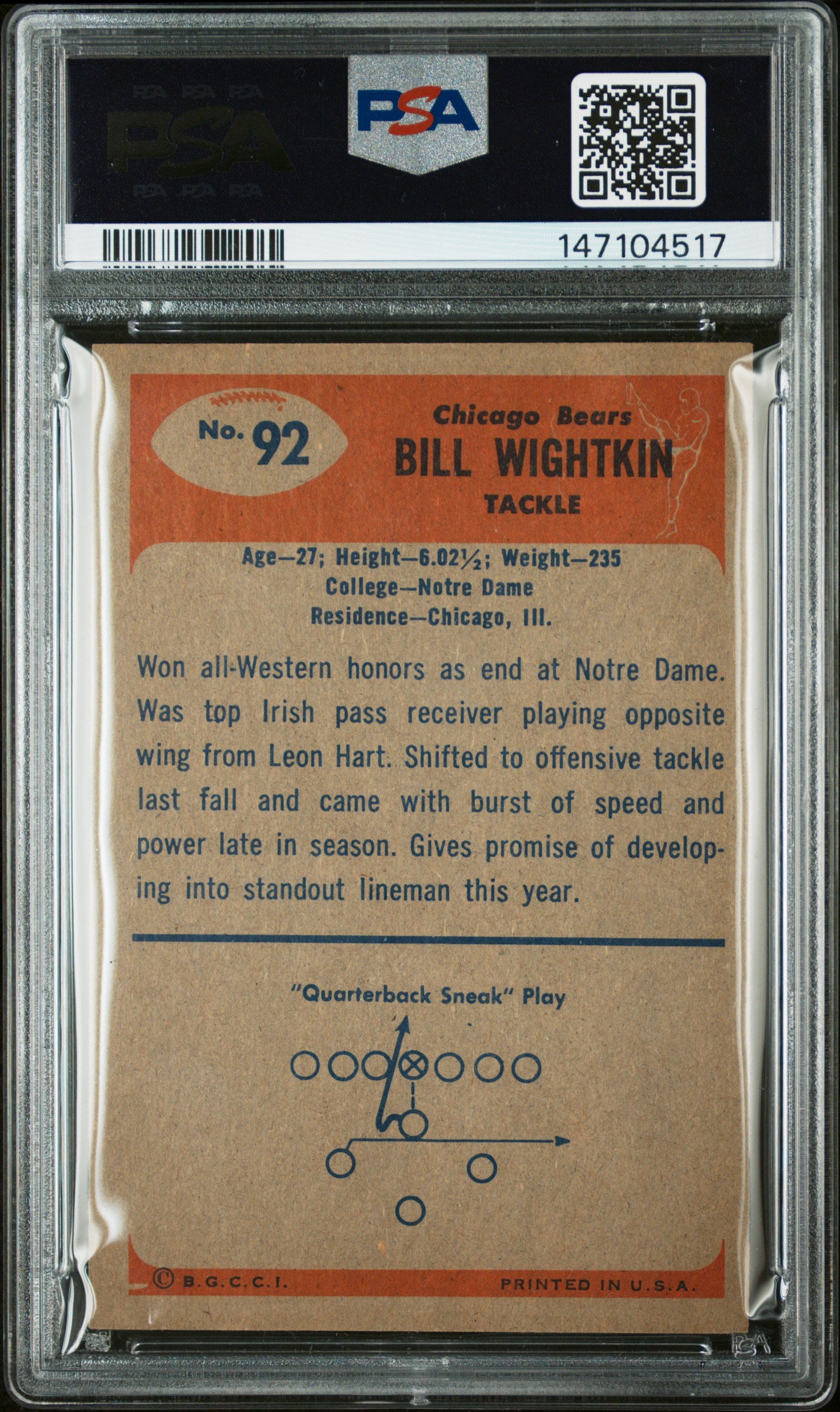 1955 Bowman #92 Bill Wightkin Bears PSA 7