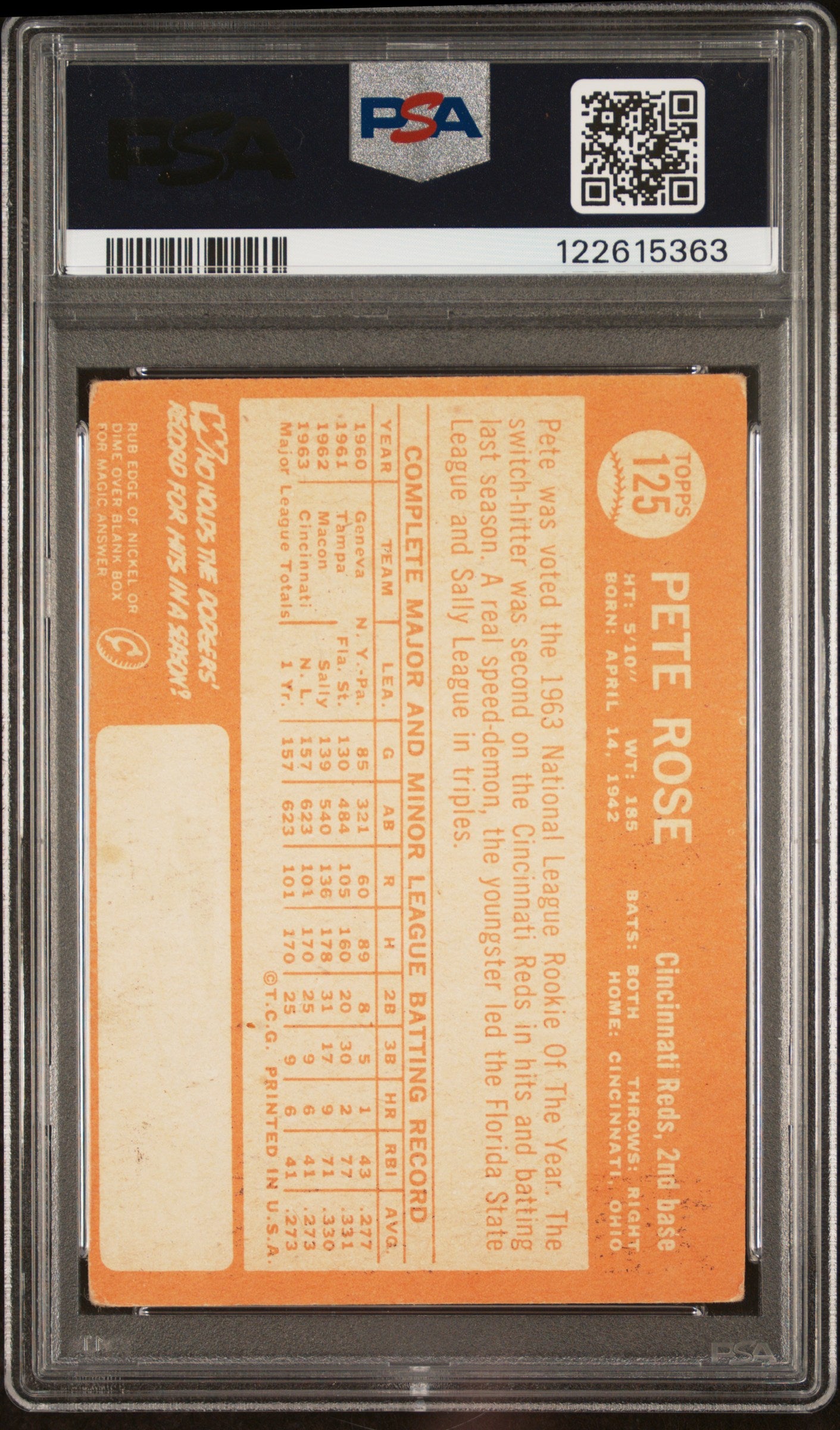 1964 Topps #125 Pete Rose 2nd Year Signed Reds PSA Authentic Auto 10