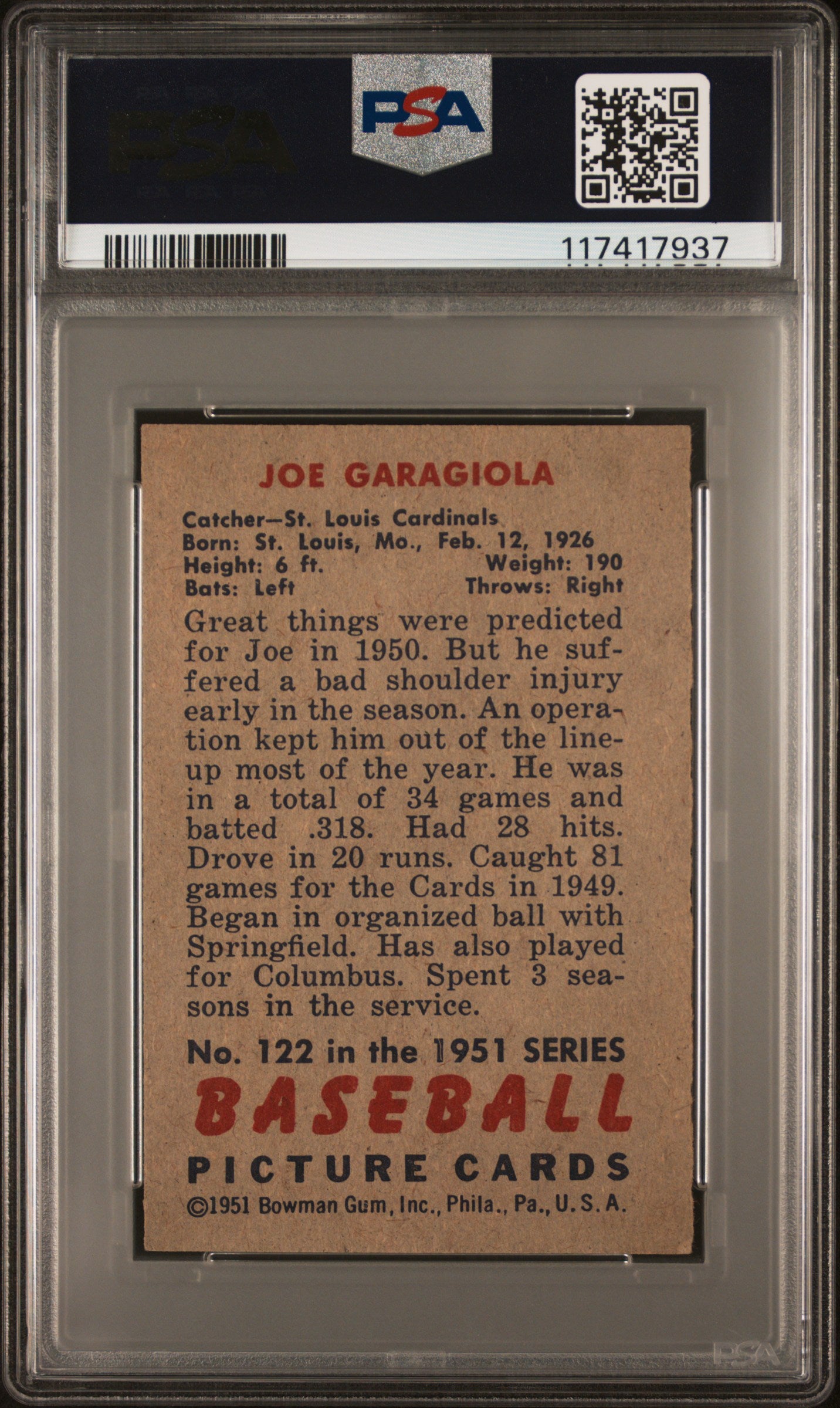 1951 Bowman #122 Joe Garagiola Rookie Cardinals PSA 7