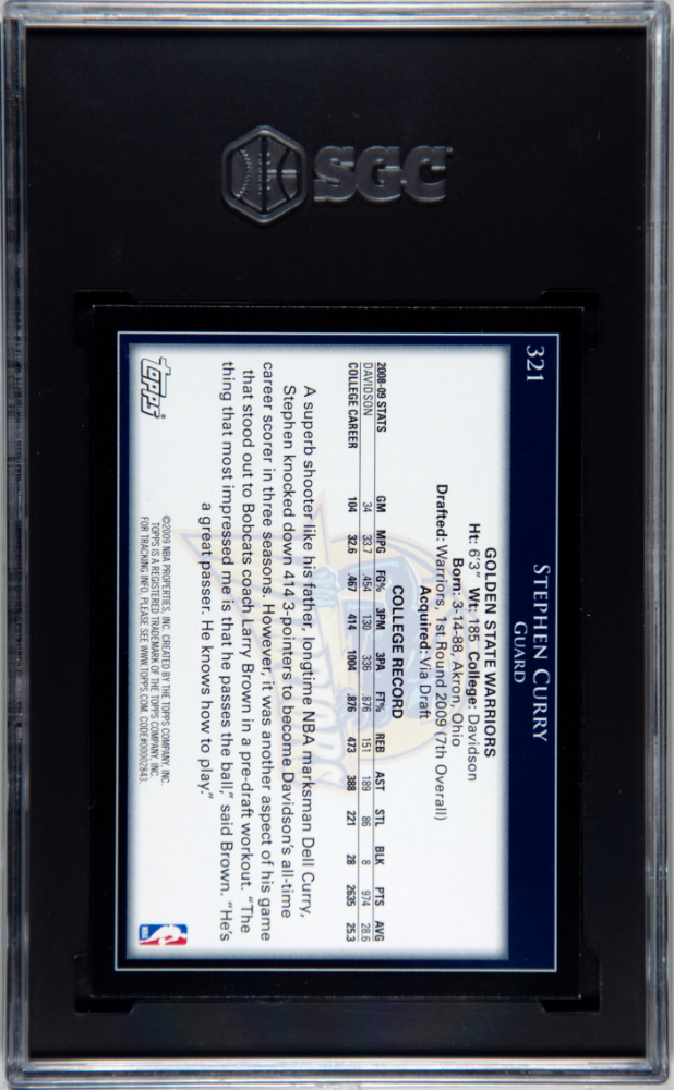2009 Topps #321 Stephen Curry Rookie Warriors SGC 9 Well Centered