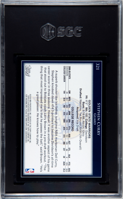 2009 Topps #321 Stephen Curry Rookie Warriors SGC 9 Well Centered