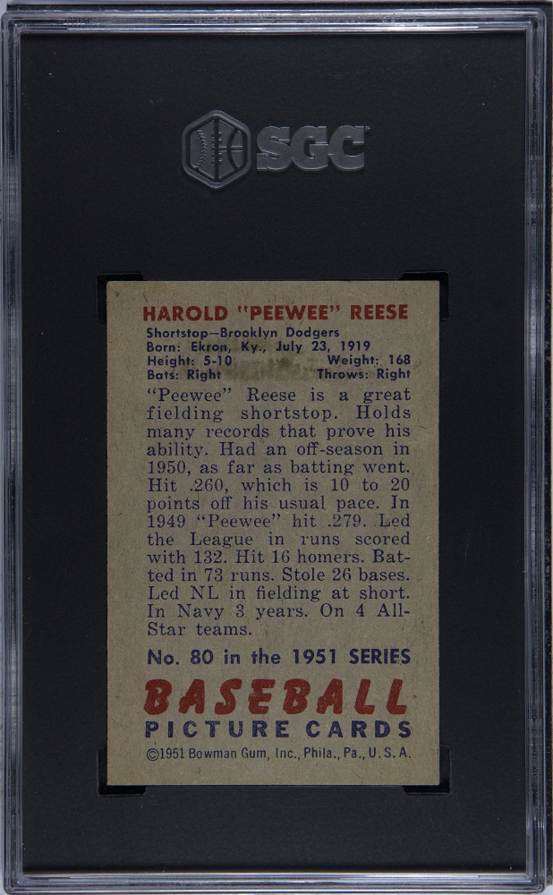 1951 Bowman #80 Pee Wee Reese Dodgers SGC 6 Well Centered