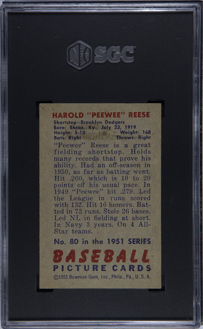 1951 Bowman #80 Pee Wee Reese Dodgers SGC 6 Well Centered