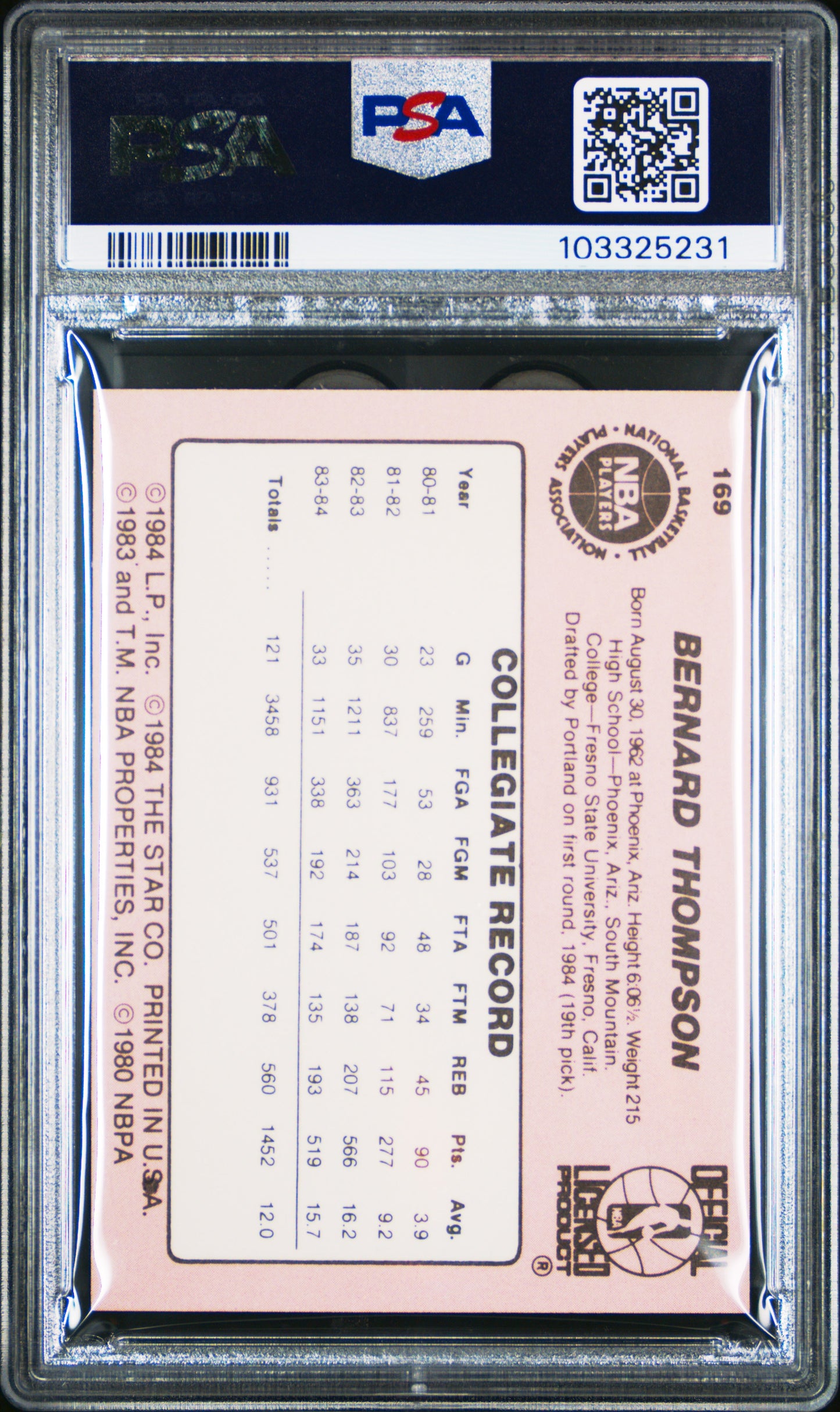 1984 Star #169 Bernard Thompson Trailblazers PSA 9 (OC)