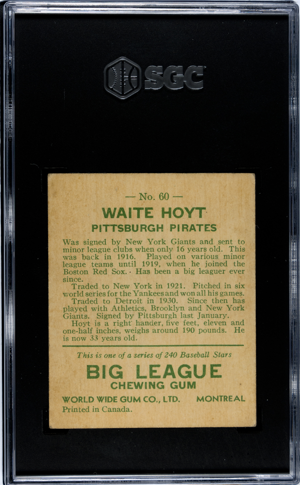 1933 Goudey World Wide Gum #60 Waite Hoyt Pirates SGC 4