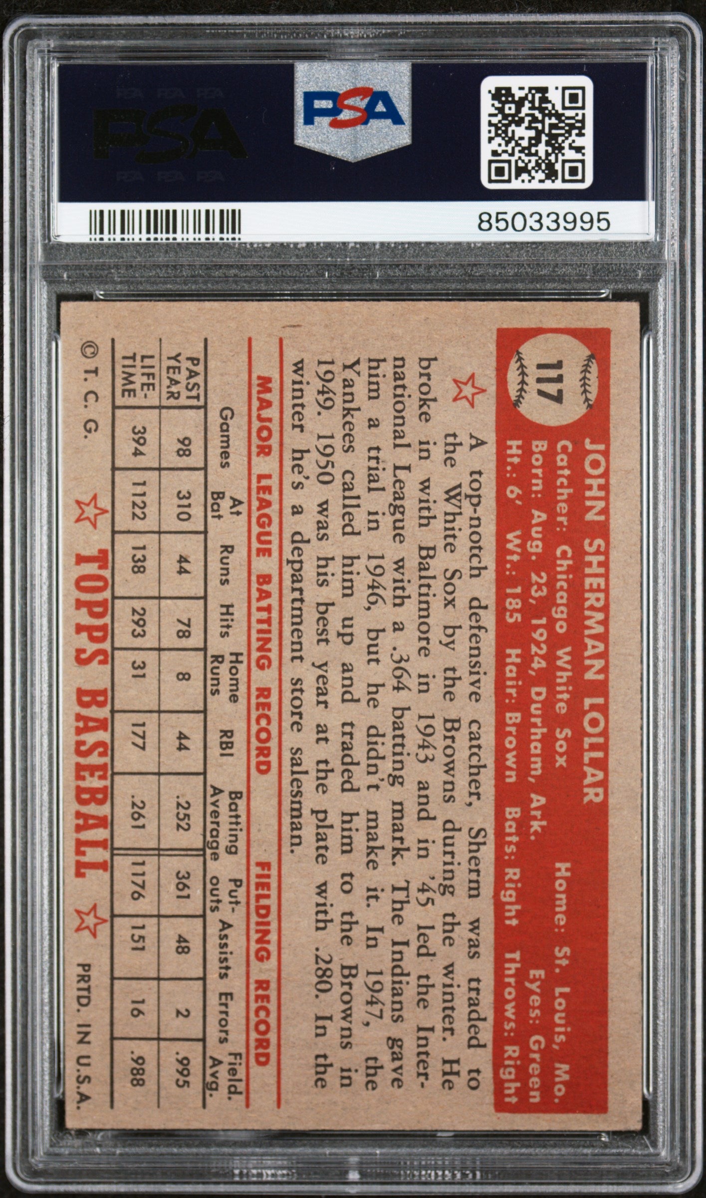 1952 Topps #117 Sherman Lollar White Sox PSA 5