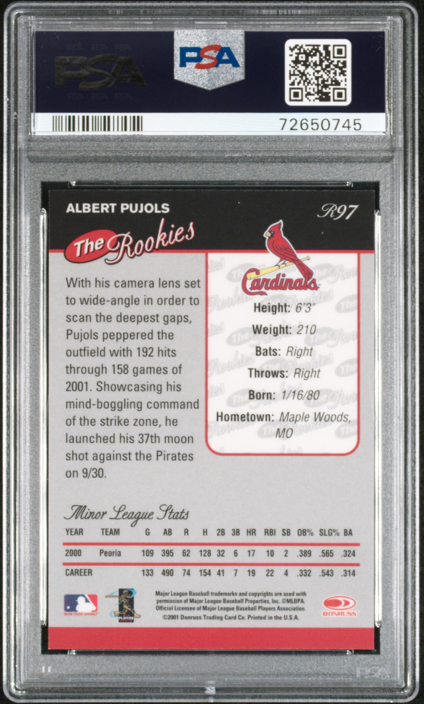 2001 Donruss Rookies #R97 Albert Pujols Rookie Baseball's Best Bronze PSA 9