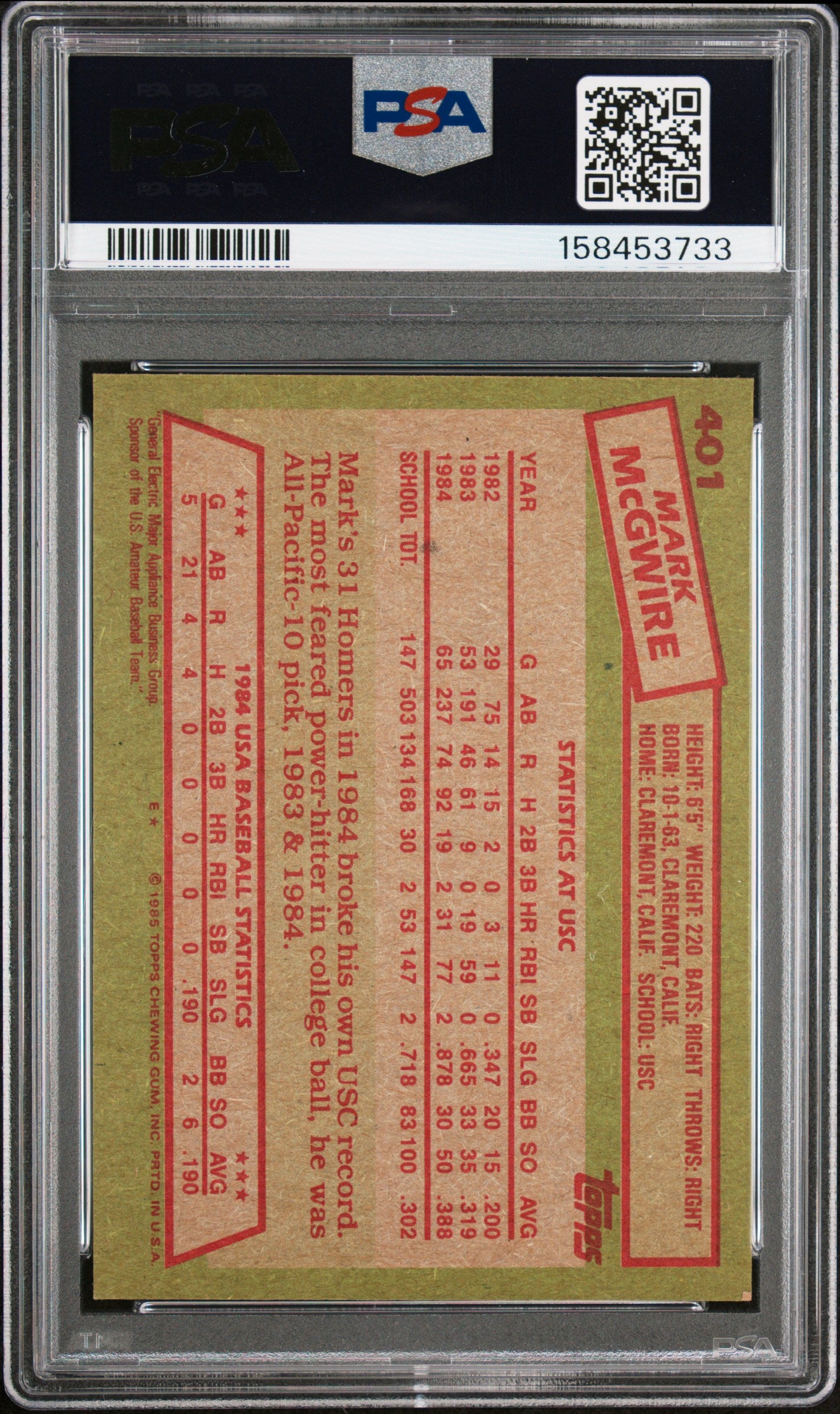 1985 Topps #401 Mark Mcgwire Rookie 1984 Usa Baseball Team PSA 8