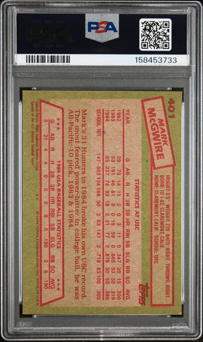 1985 Topps #401 Mark Mcgwire Rookie 1984 Usa Baseball Team PSA 8