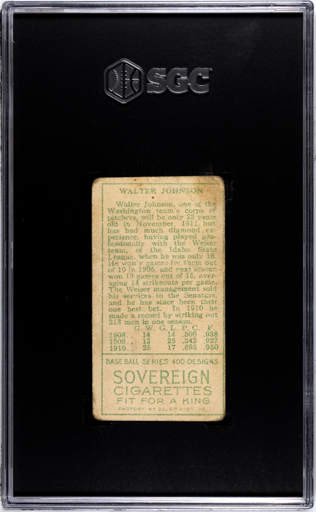 T205 Walter Johnson Washington SGC 1.5 Sovereign Back
