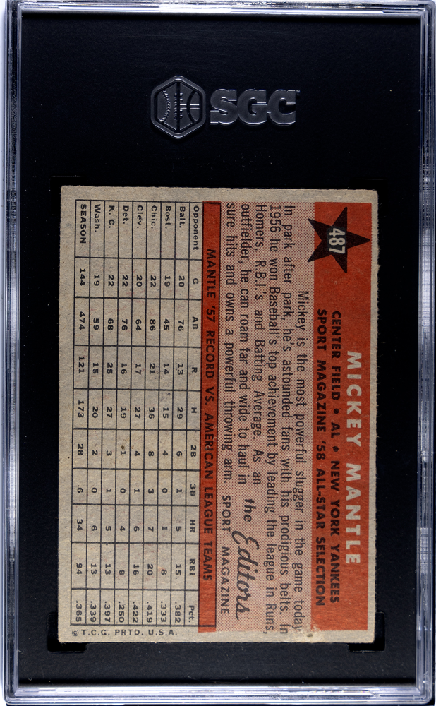 1958 Topps #487 Mickey Mantle All Star Yankees SGC 3