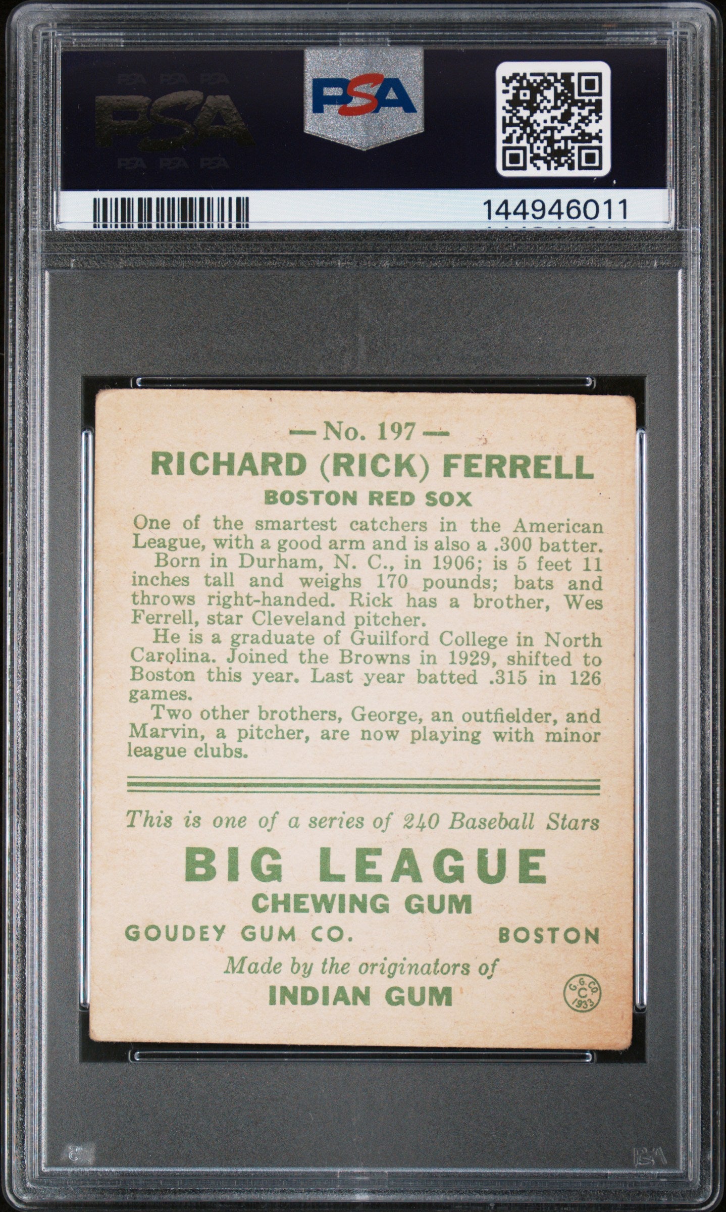 1933 Goudey #197 Rick Ferrell Signed PSA 3 Auto 9