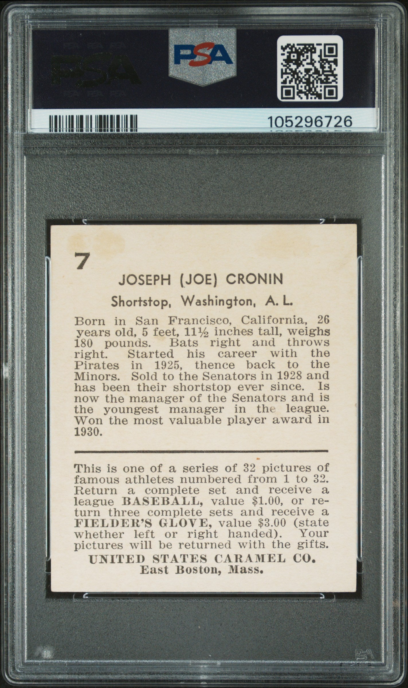 1932 U.S. Caramel #7 Joe Cronin Senators PSA 2.5