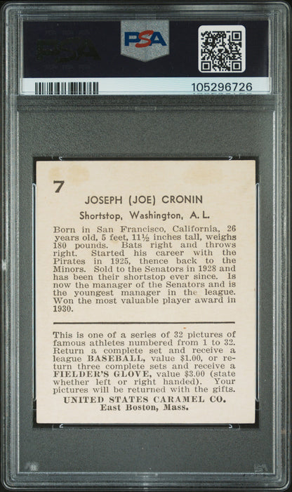 1932 U.S. Caramel #7 Joe Cronin Senators PSA 2.5