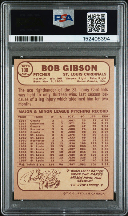 1968 OPC O-Pee-Chee #100 Bob Gibson Cardinals PSA 8