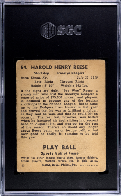 1941 Playball #54 Pee Wee Reese Rookie HOF Dodgers SGC 2