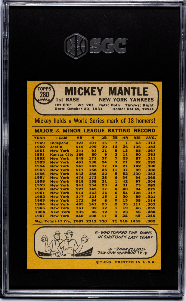 1968 Topps #280 Mickey Mantle Yankees SGC Authentic