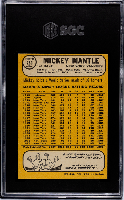 1968 Topps #280 Mickey Mantle Yankees SGC Authentic