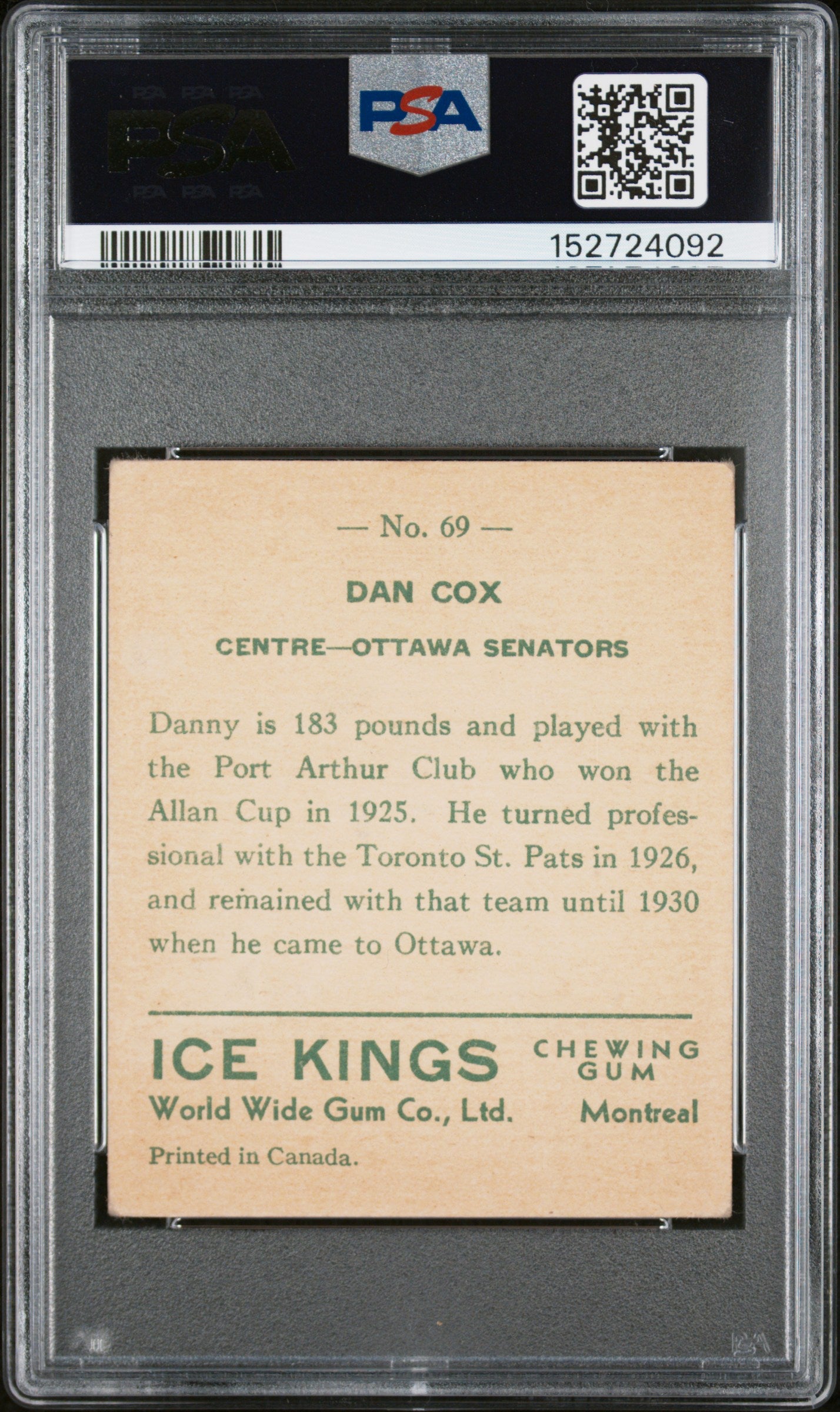 1933 World Wide Gum Ice Kings #69 Dan Cox English Only Senators PSA 3