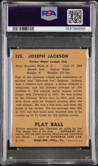 1940 Play Ball #225 Shoeless Joe Jackson Black Sox PSA 3 (No Creases)