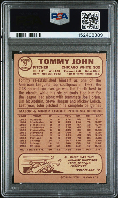 1968 OPC O-Pee-Chee #72 Tommy John White Sox PSA 10 POP 1