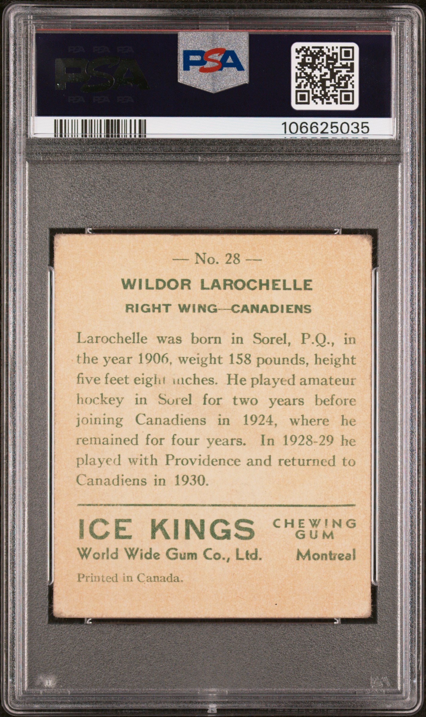 1933 World Wide Gum Ice Kings #28 Wildor Larochelle Rookie English Only PSA 2.5