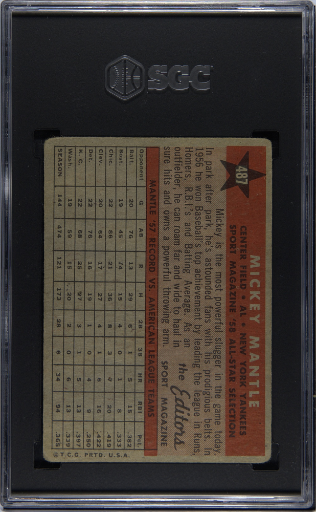 1958 Topps #487 Mickey Mantle All Star Yankees SGC 2