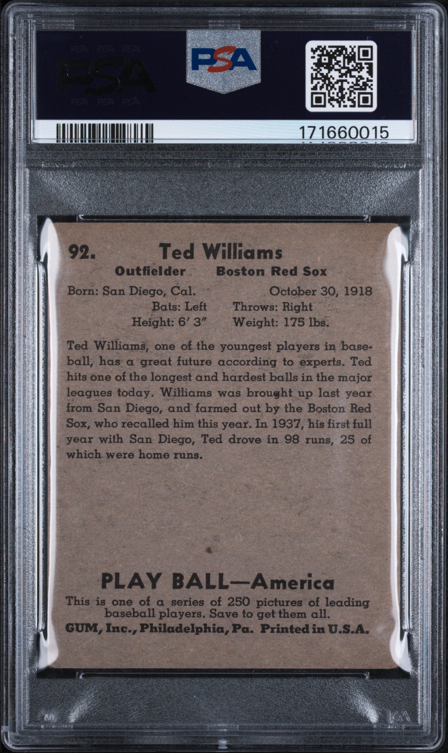 1939 Play Ball #92 Ted Williams Rookie HOF Red Sox PSA 3